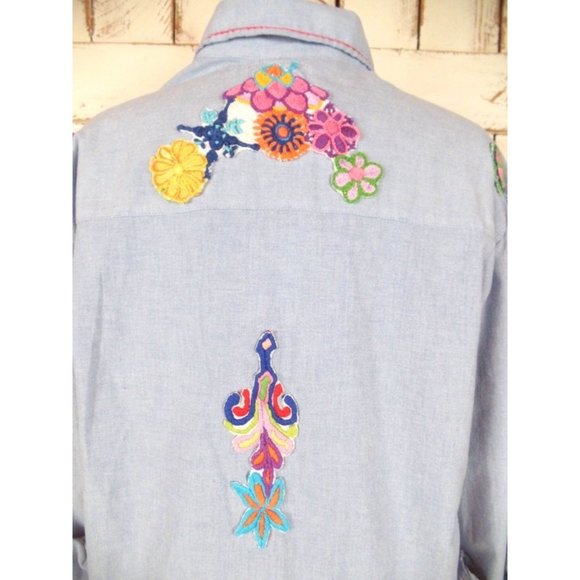 Vintage blue cotton denim ruffle button down boho shirt - Picture 3 of 4